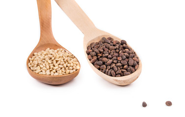 Wooden spoons full with pine nuts