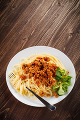 Pasta with meat, tomato sauce and vegetables