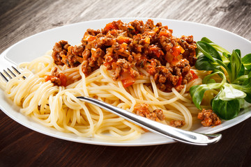 Pasta with meat, tomato sauce and vegetables