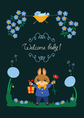 Fototapeta premium New baby announcement card with cute bunny