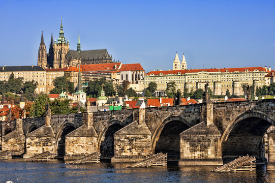 View of the Cathedral of St. Vitus and Charles Bridge.