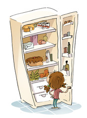 ni&ntilde;a habriendo una nevera