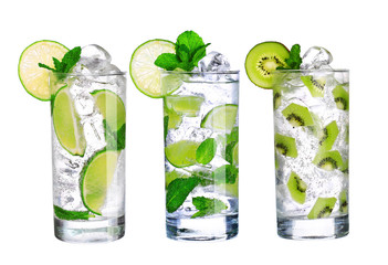 Glass Of Cold mojito Drink collection with ice isolated on white