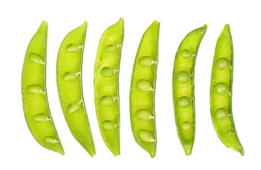 open fresh peas isolated on white background