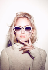 fashion woman portrait. Sunglasses Hippi hair flowers on face - 82133972