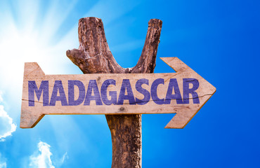 Madagascar wooden sign with sky background