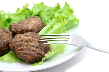 veal cutlet with lettuce on white background