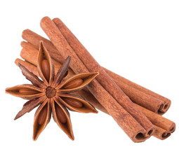 cinnamon stick and star anise spice isolated on white background