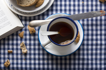 Breakfast tea, blue checkered tablecloth and Book