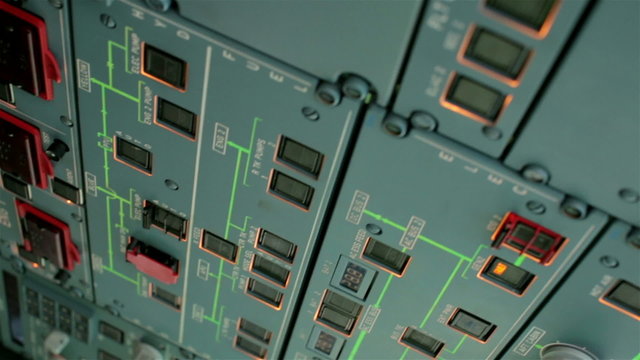 Cockpit cabin. Pilot switch controls aircraft Airbus A320 A319