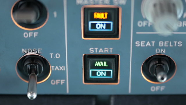 Cockpit cabin. Pilot switch controls aircraft Airbus A320 A319