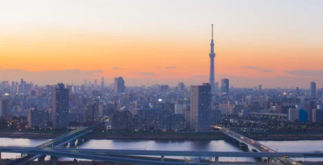 Schilderijen op glas Tokyo city view with Tokyo sky tree and sumida river © torsakarin