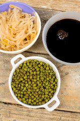 Soy beans, sprouts and sauce