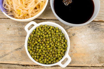 Soy beans, sprouts and sauce