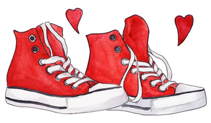 Red sneakers pair hearts isolated