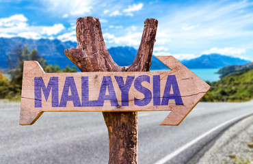 Malaysia wooden sign with road background