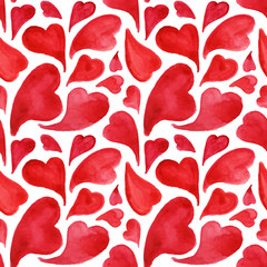 Watercolor red hearts Saint Valentine's Day seamless pattern