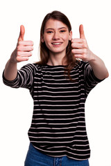Businesswoman or student showing thumbs up sign stock image