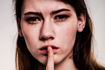 Shhhhh Woman! Finger On Lips. Silent - Silence Stock Image