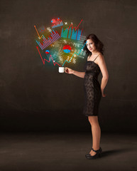 Businesswoman holding a white cup with diagrams and graphs