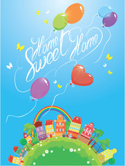 Decorative colorful houses, trees, rainbow and ballons on sky ba