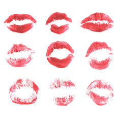 Set of beautiful red lips print on isolated white background
