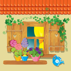 Obraz premium Window and flowers in pots. Summer or spring season.
