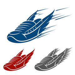 Running winged shoe icons with speed and motion trails
