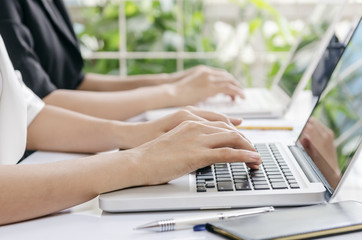 two business workers typing data in laptop