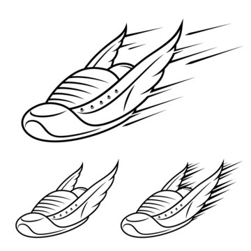 Running winged shoe icons, sports shoe with motion trails