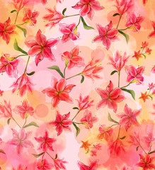 Watercolour drawing of lilies seamless background pattern, toned