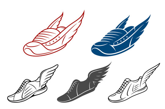 Running winged shoe icons, sneaker or sports shoe with wings