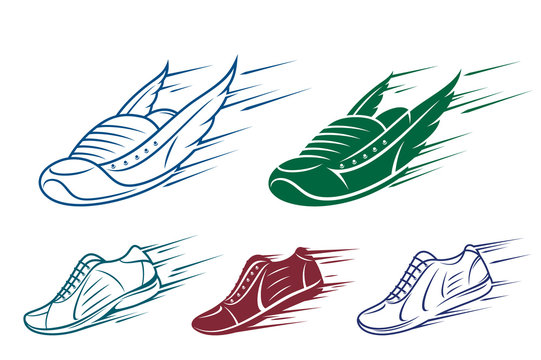 Running shoe icons, sports shoe with speed and motion trails