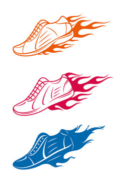 Running shoe icons with speed fire trails