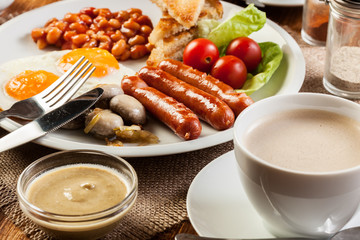English breakfast with sausage