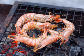 Shrimps on charcoal grill