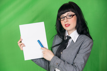 young woman in office dress with paper sheet on color background