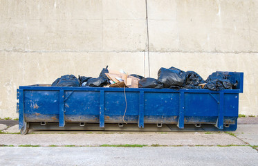 Blue garbage container on the road.