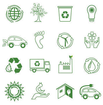 Set of 16 green/environmental icons. Simple line design.