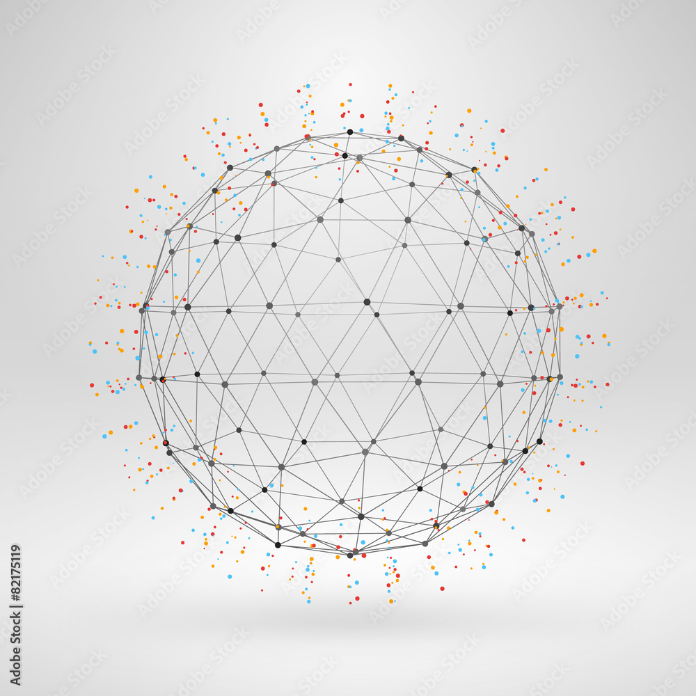Wall mural wireframe polygonal element. 3d sphere with lines and dots
