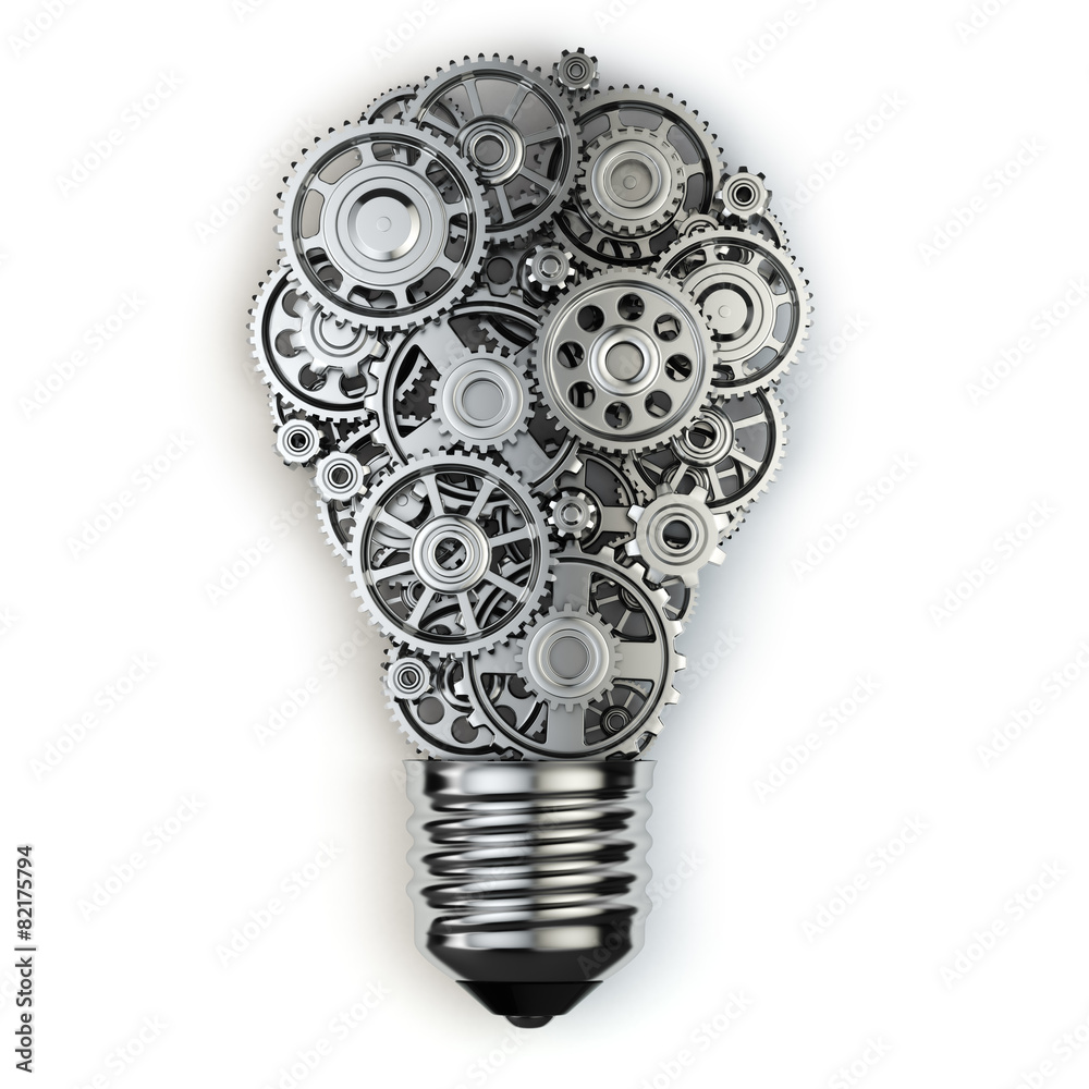 Poster light bulb and gears. perpetuum mobile idea concept.