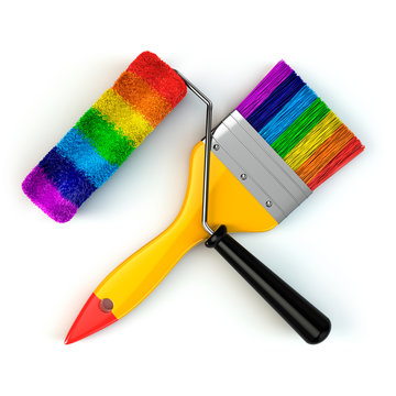 Renovation tools concept. Paint brush and roller in rainbow colo