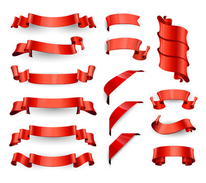 Realistic Red Glossy vector ribbons. Large set.