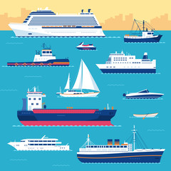 Set of flat yacht, scooter, boat, cargo ship, steamship, ferry