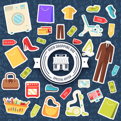 Many object purchased in the shop. Shopping abstract background