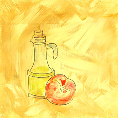 Mixed media drawing of bottle of olive oil and tomato