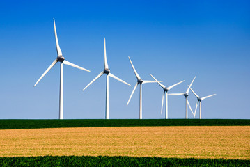 Graphic modern landscape of wind turbines