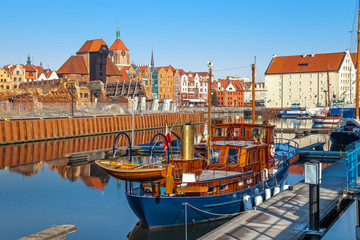 View of the riverside by the Motlawa river in Gdansk, Poland.