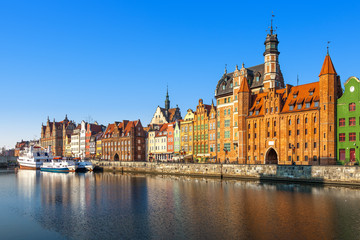 View of the riverside by the Motlawa river in Gdansk, Poland.