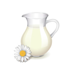 Glass jug with milk and chamomile isolated vector